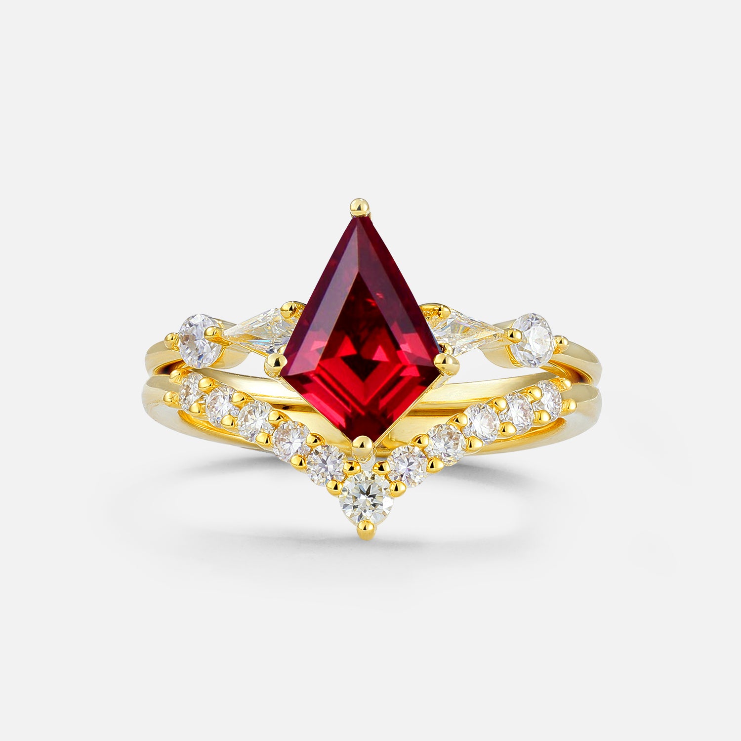 Classic 4 Prong Sparkling Kite-Cut Ruby Bridal Ring Set