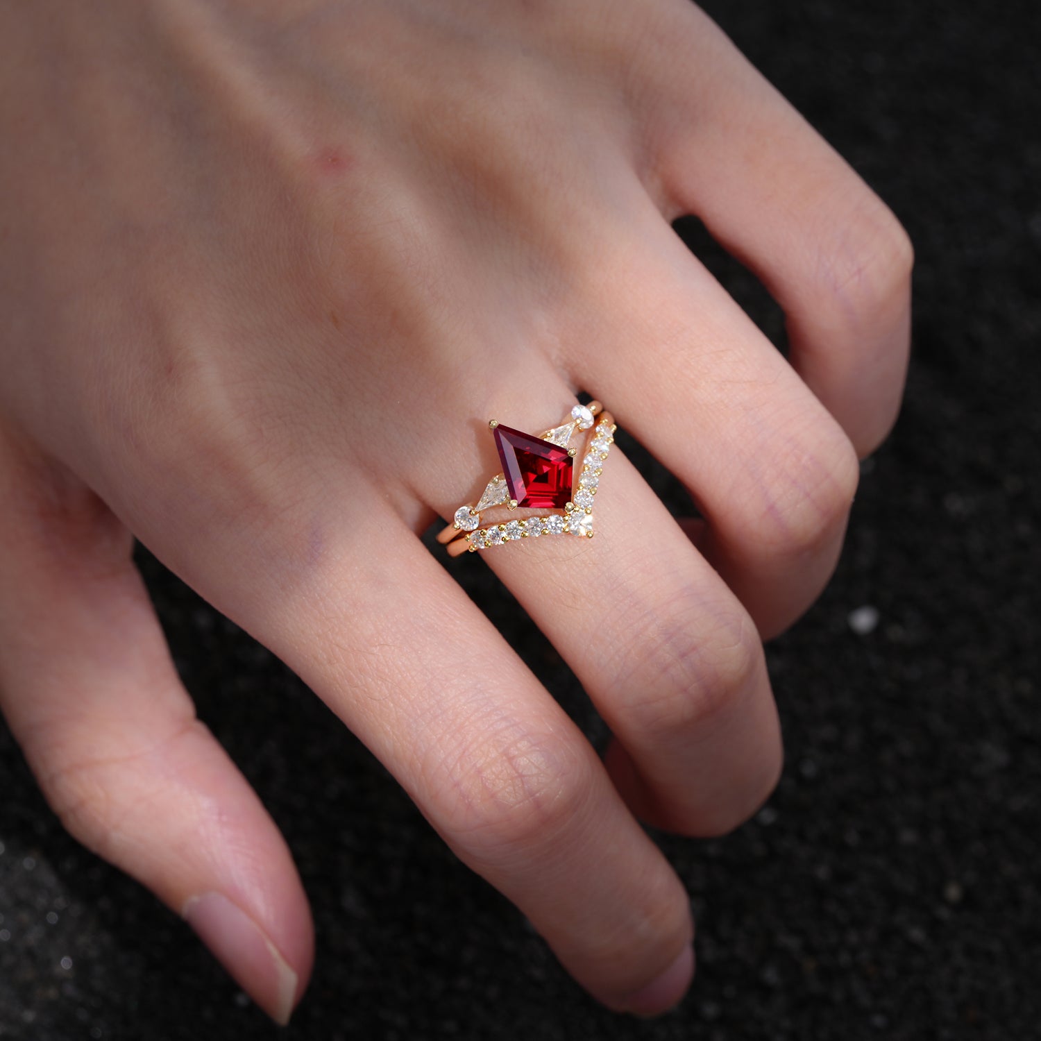 Classic 4 Prong Sparkling Kite-Cut Ruby Bridal Ring Set