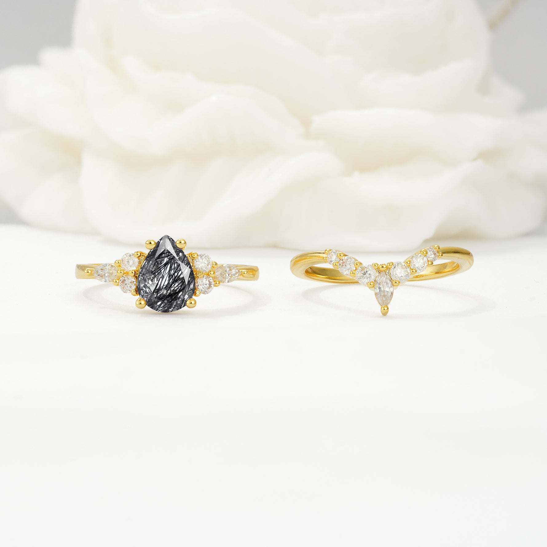 SR17103 Black Rutilated Quartz Ring - White-Gold