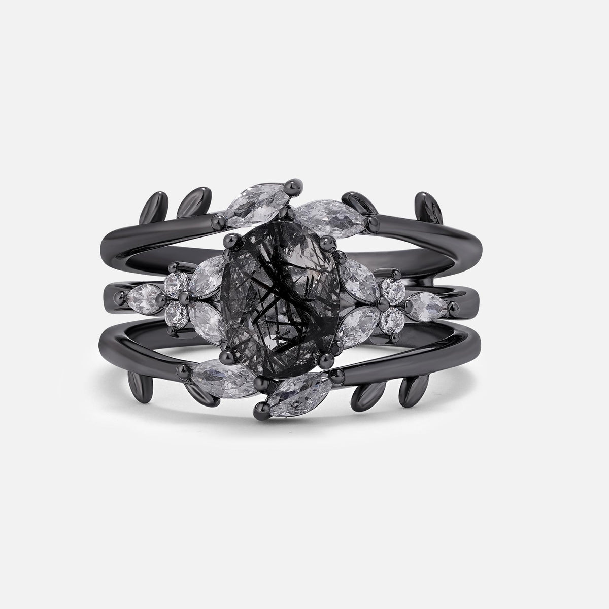 Halloween Oval Cut Black Rutilated Quartz Bridal Ring Set