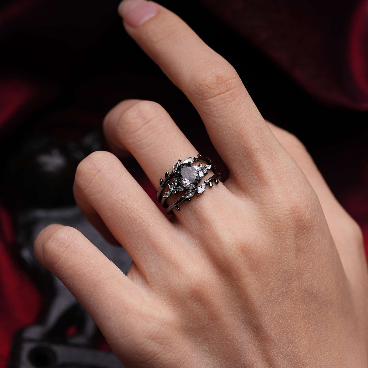 Halloween Oval Cut Black Rutilated Quartz Bridal Ring Set