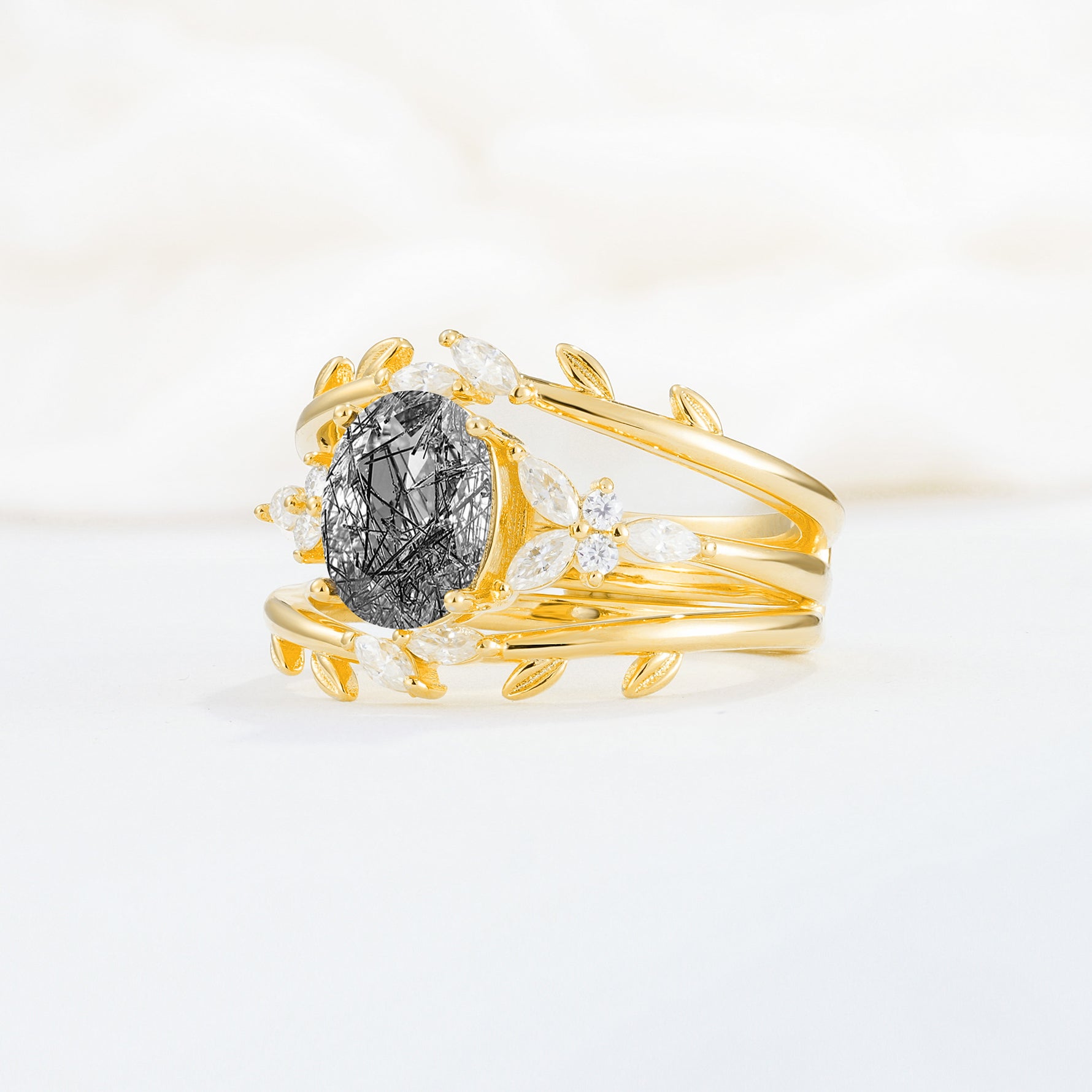 SR17104 Black Rutilated Quartz Ring - White-Gold