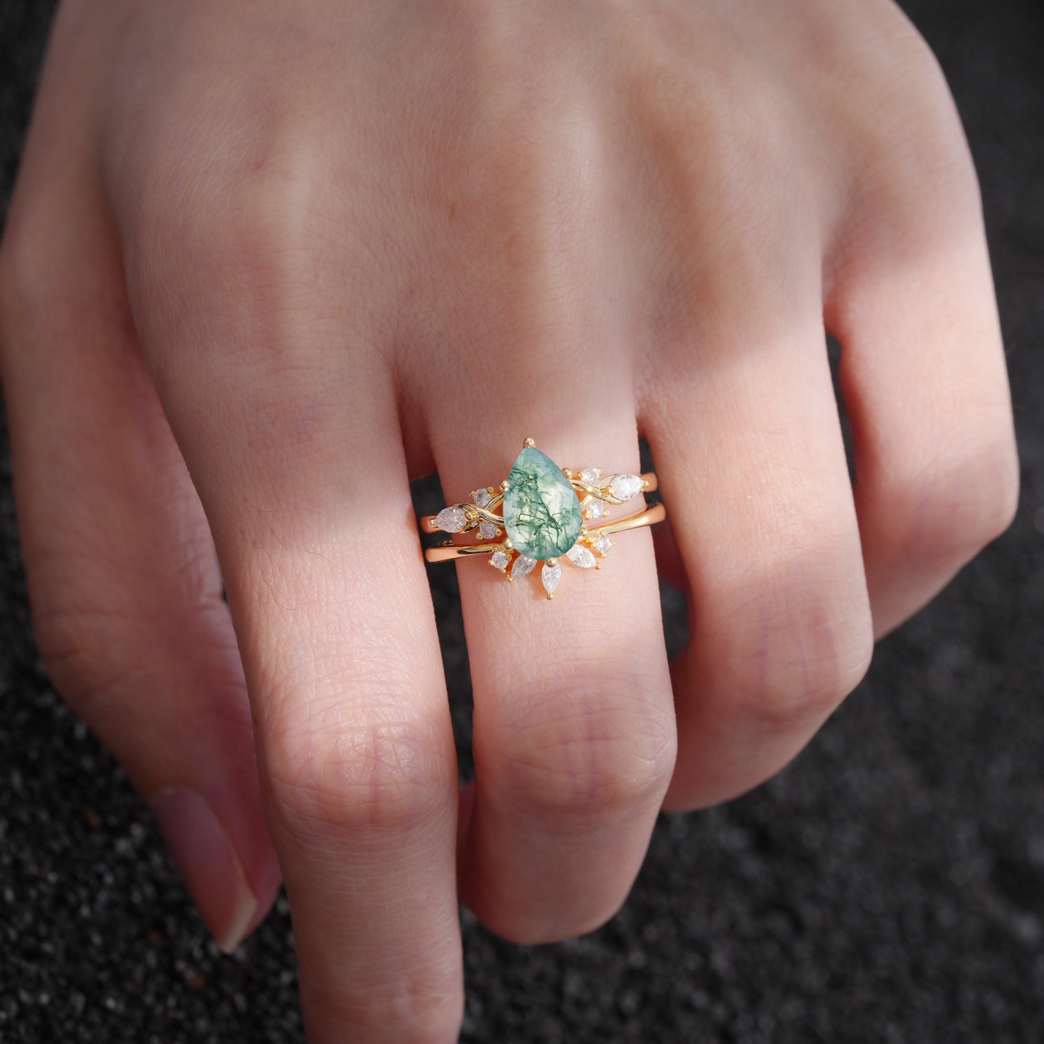 Elegant Pear Cut Moss Agate Bridal Ring Set for Wedding