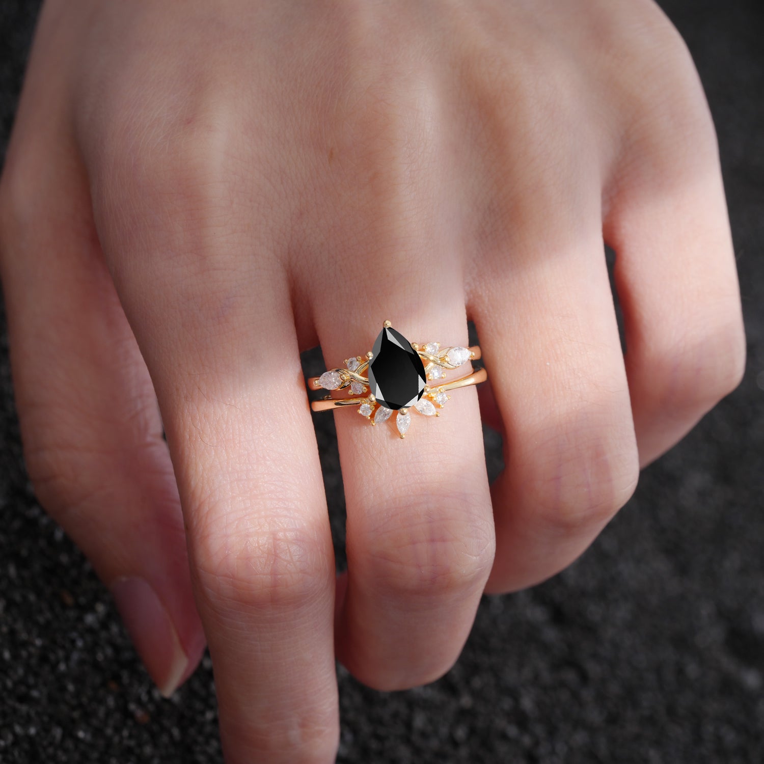 Elegant Pear Cut Black Onyx Bridal Ring Set for Wedding