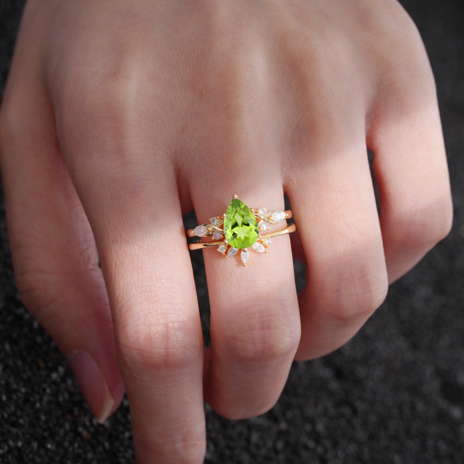 Elegant Pear Cut Peridot Bridal Ring Set for Wedding