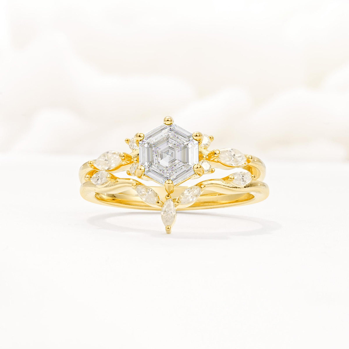 Nature-Inspired Hexagon Cut Moissanite Engagement Ring Set - Yellow-Gold