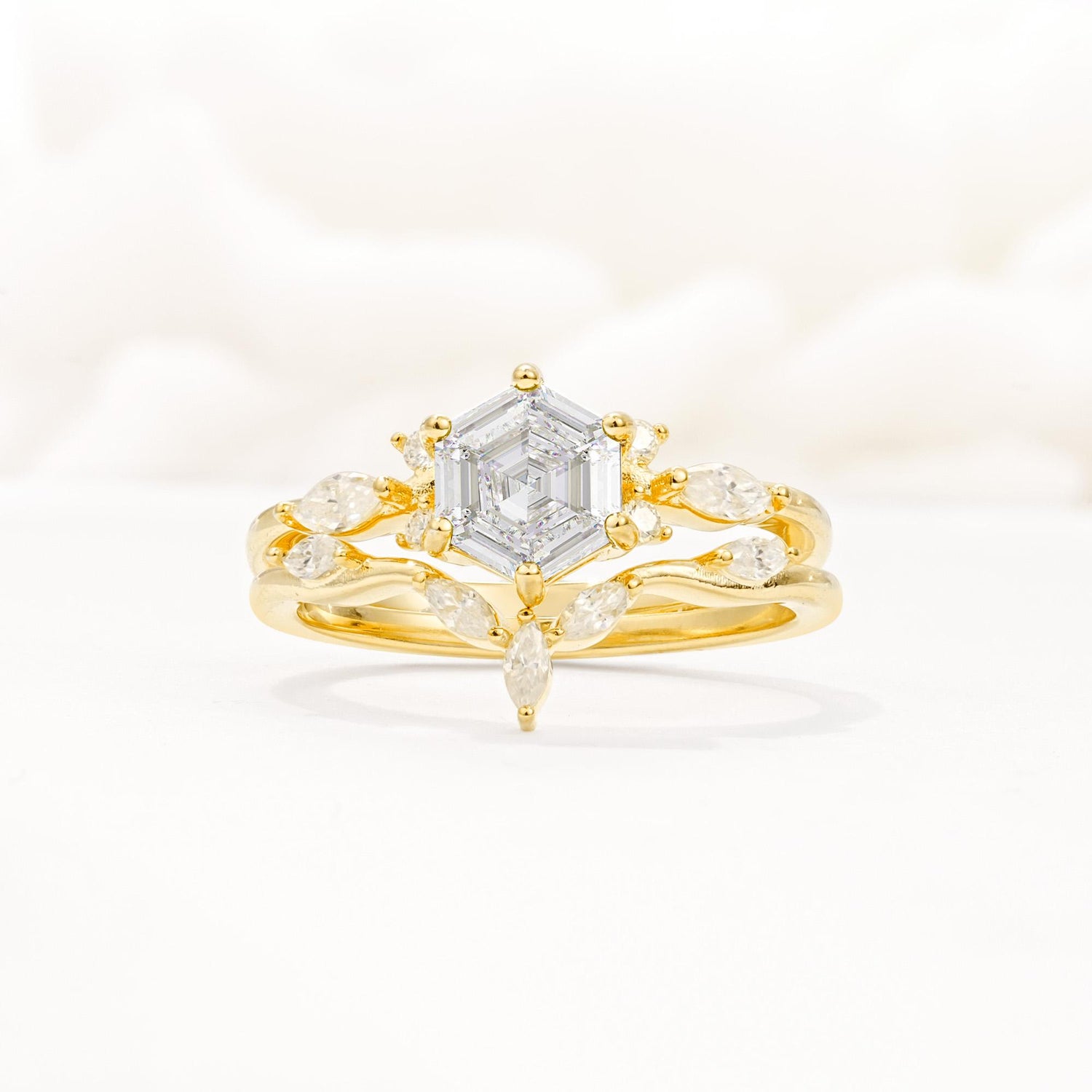 Nature-Inspired Hexagon Cut Moissanite Engagement Ring Set - Yellow-Gold