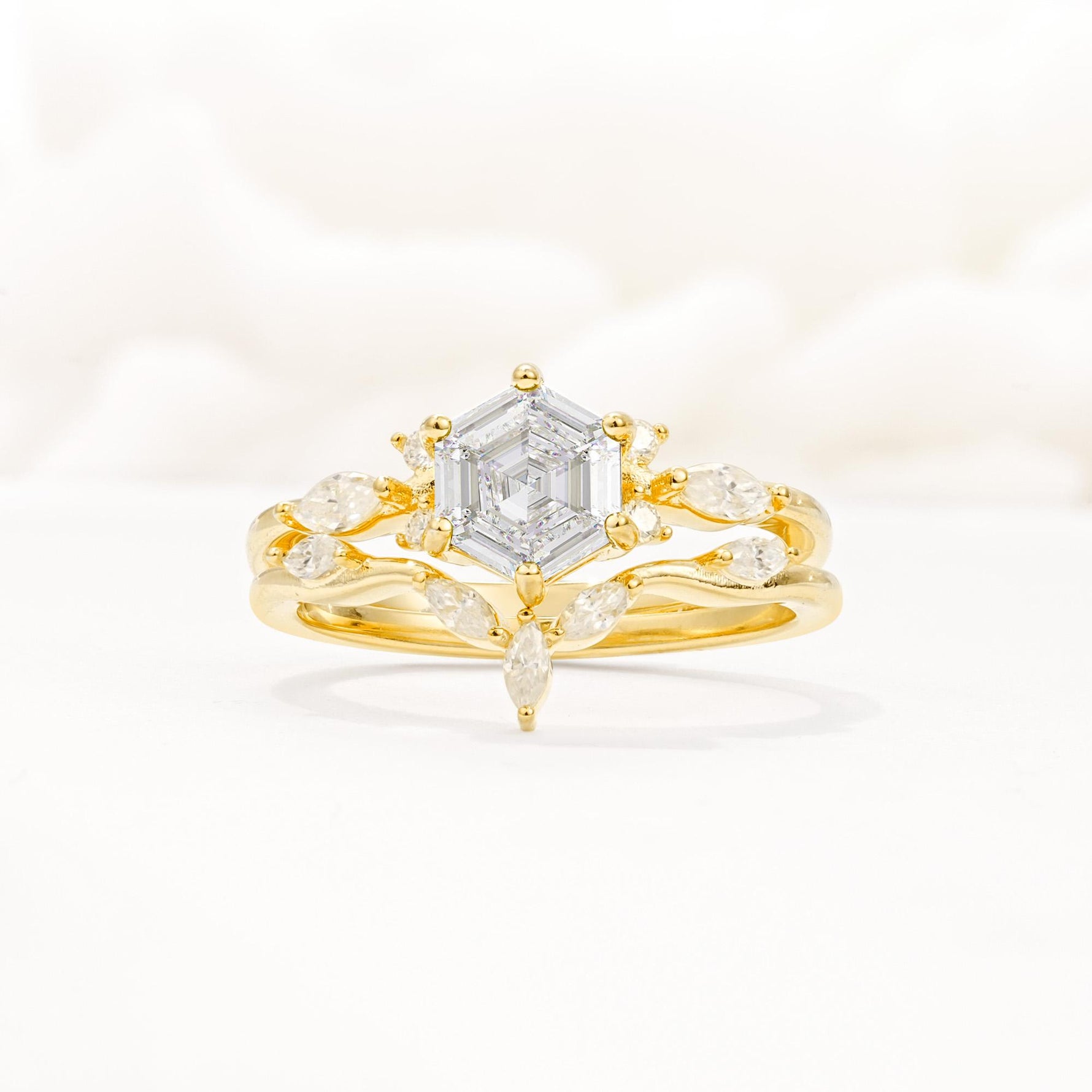Nature-Inspired Hexagon Cut Moissanite Engagement Ring Set - Yellow-Gold