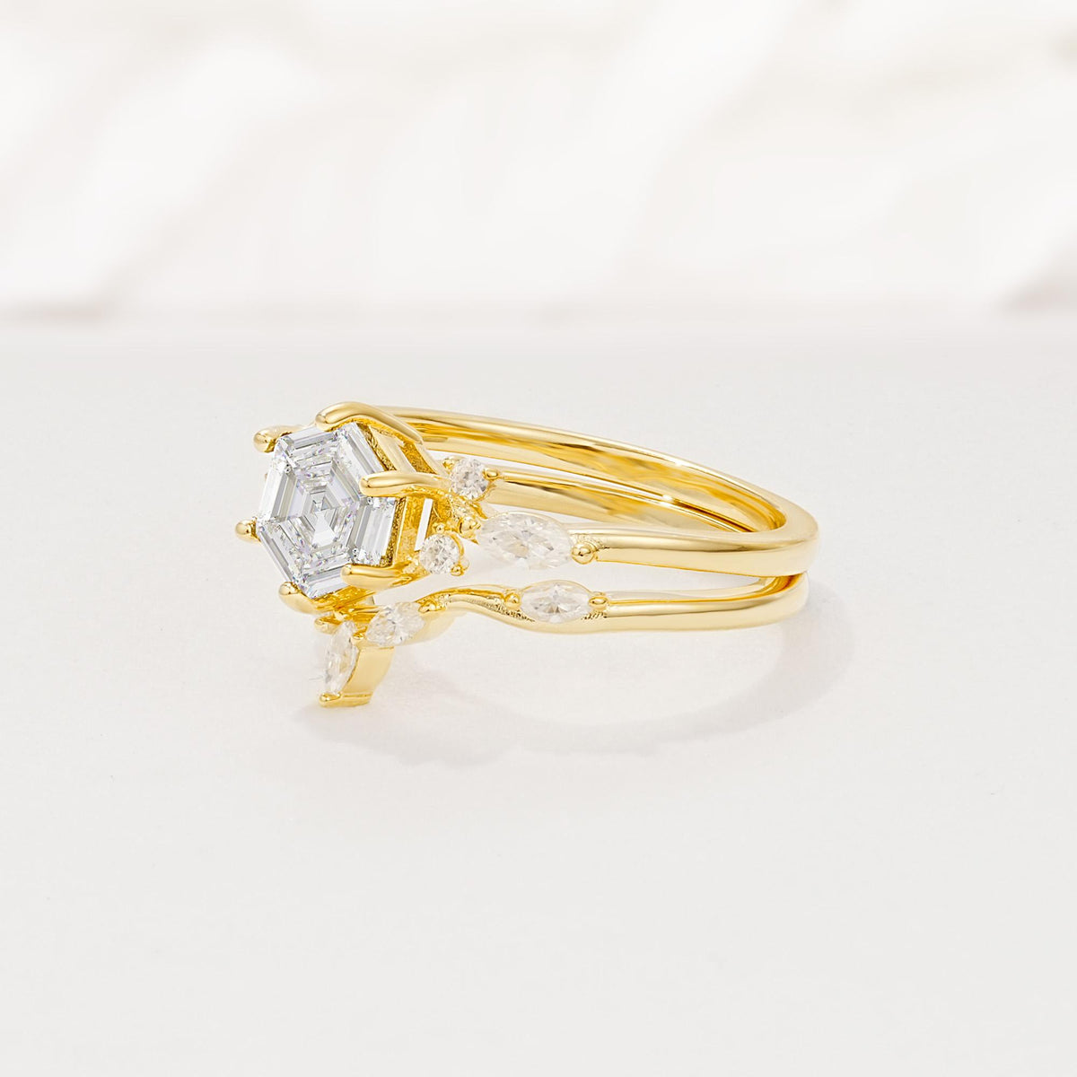 Nature-Inspired Hexagon Cut Moissanite Engagement Ring Set - Rose-Gold