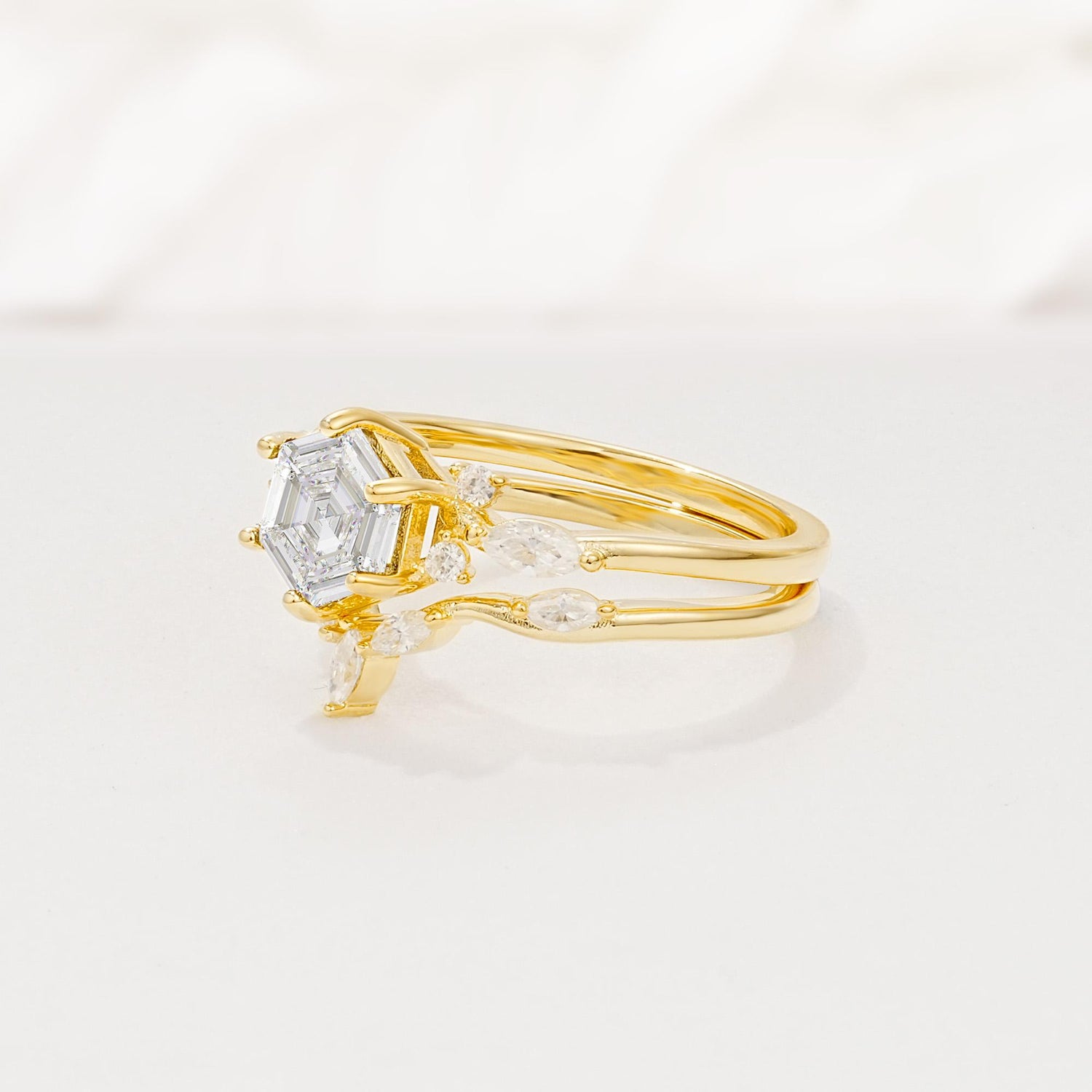 Nature-Inspired Hexagon Cut Moissanite Engagement Ring Set - Rose-Gold