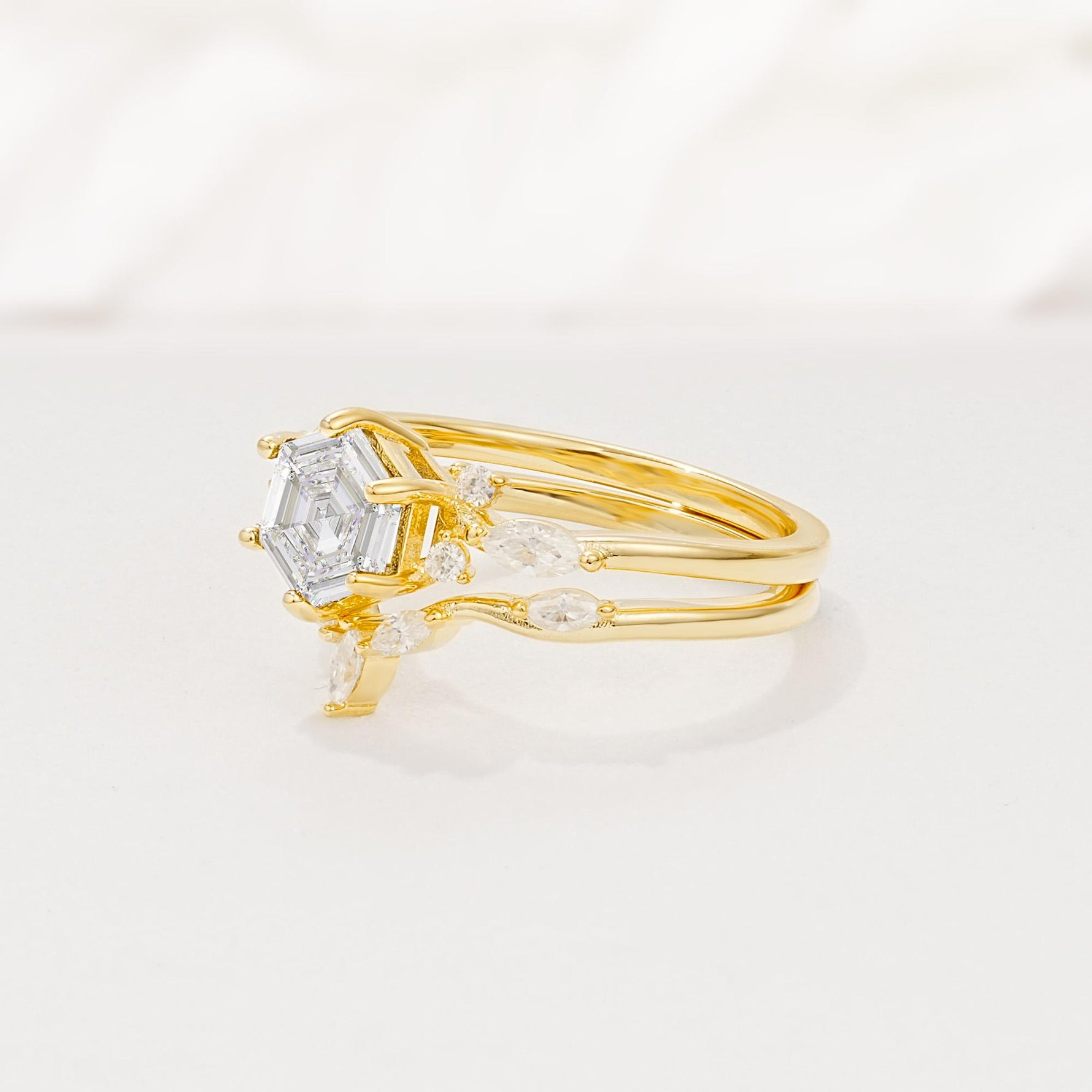 Nature-Inspired Hexagon Cut Moissanite Engagement Ring Set - Rose-Gold