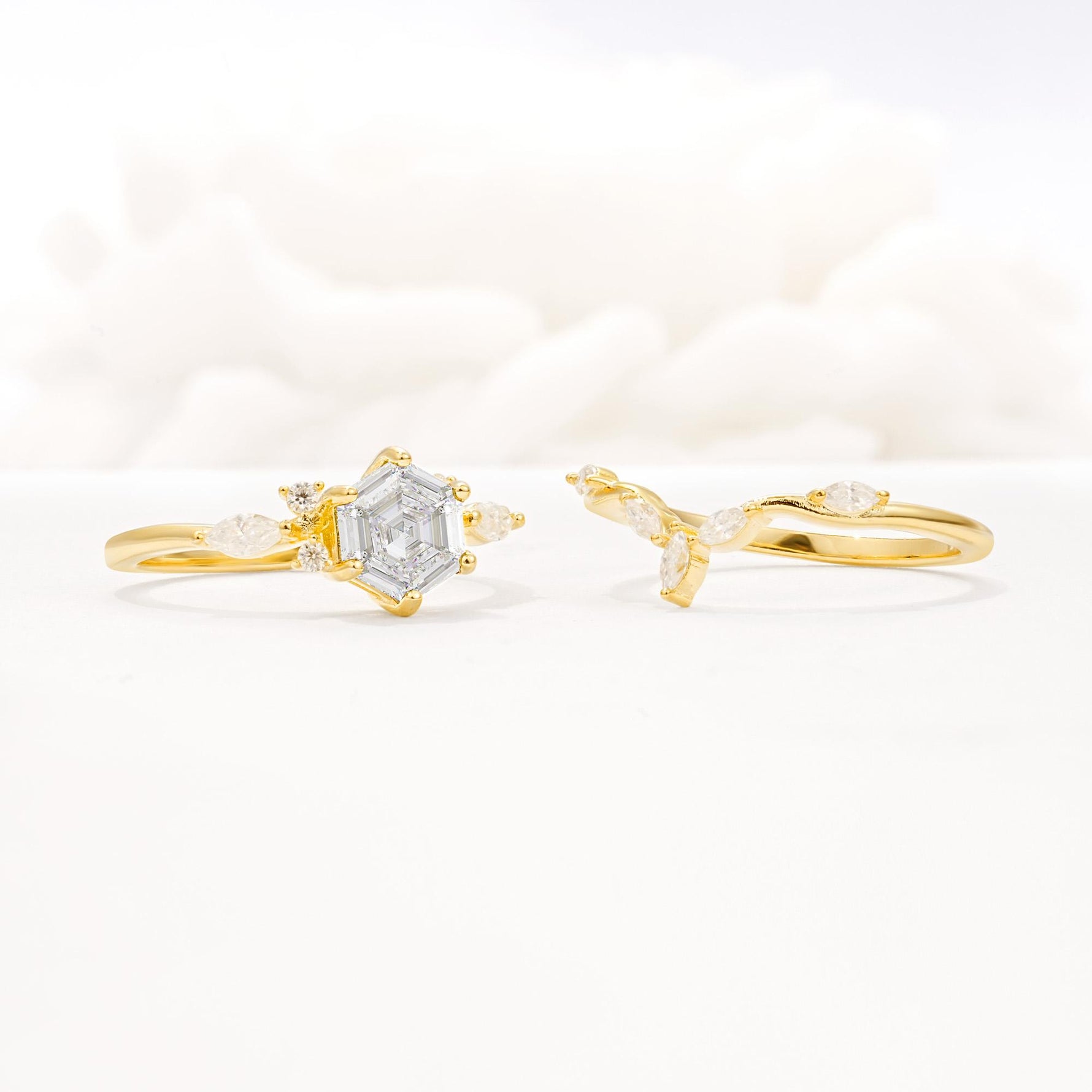 Nature-Inspired Hexagon Cut Moissanite Engagement Ring Set - Additional view
