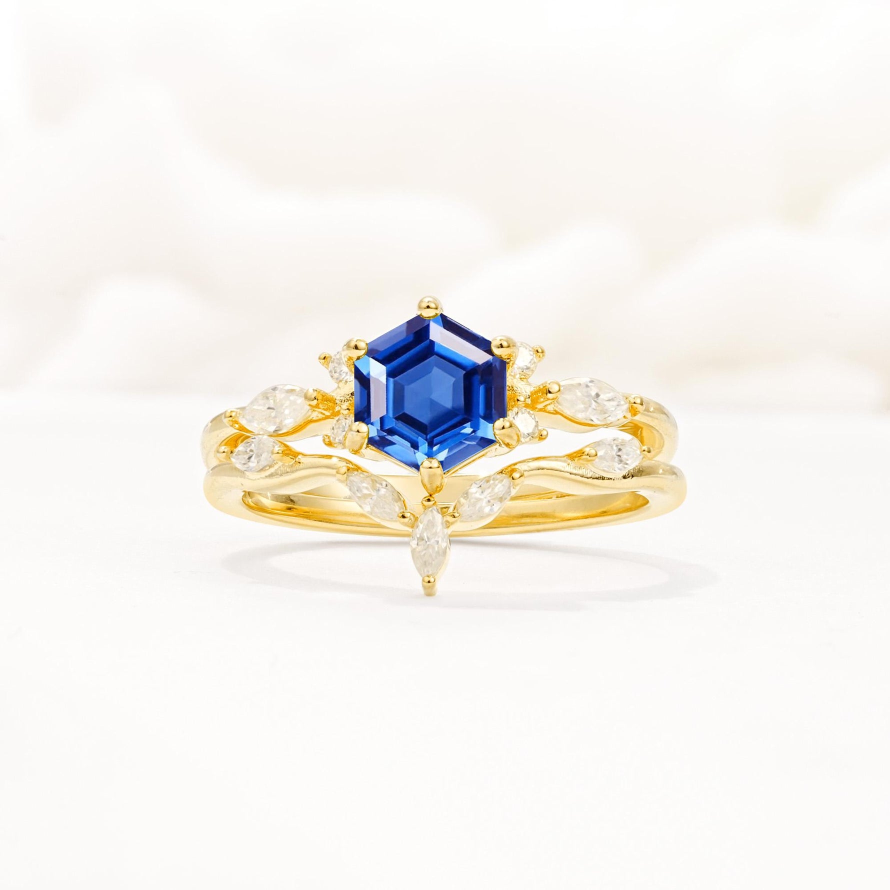 Nature-Inspired Hexagon Cut Sapphire Engagement Ring Set - Yellow-Gold