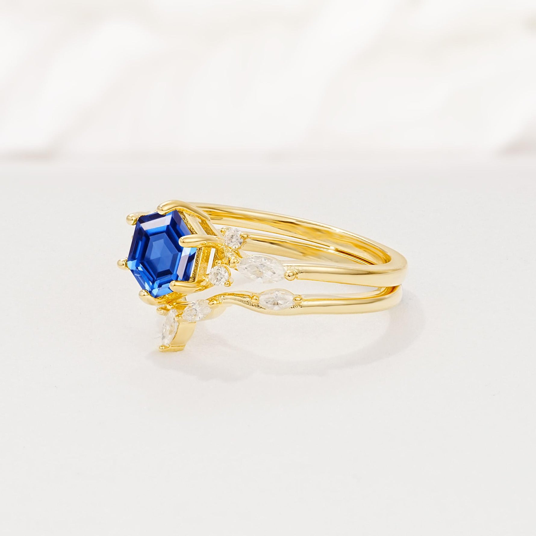 Nature-Inspired Hexagon Cut Sapphire Engagement Ring Set - Rose-Gold