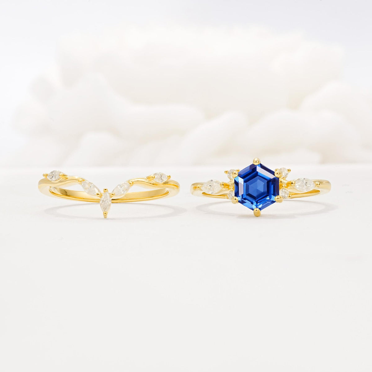 Nature-Inspired Hexagon Cut Sapphire Engagement Ring Set - White-Gold