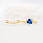 Nature-Inspired Hexagon Cut Sapphire Engagement Ring Set - White-Gold