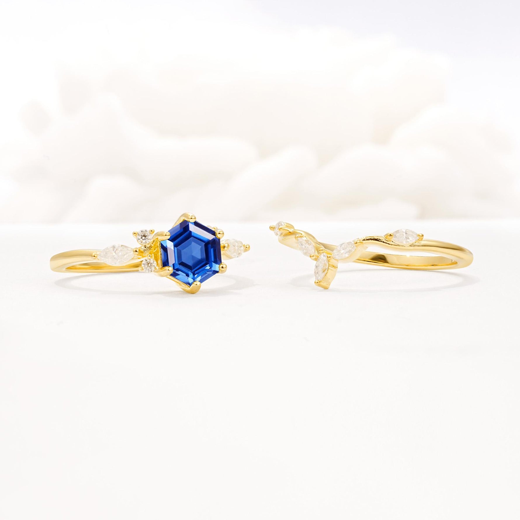 Nature-Inspired Hexagon Cut Sapphire Engagement Ring Set - Additional view