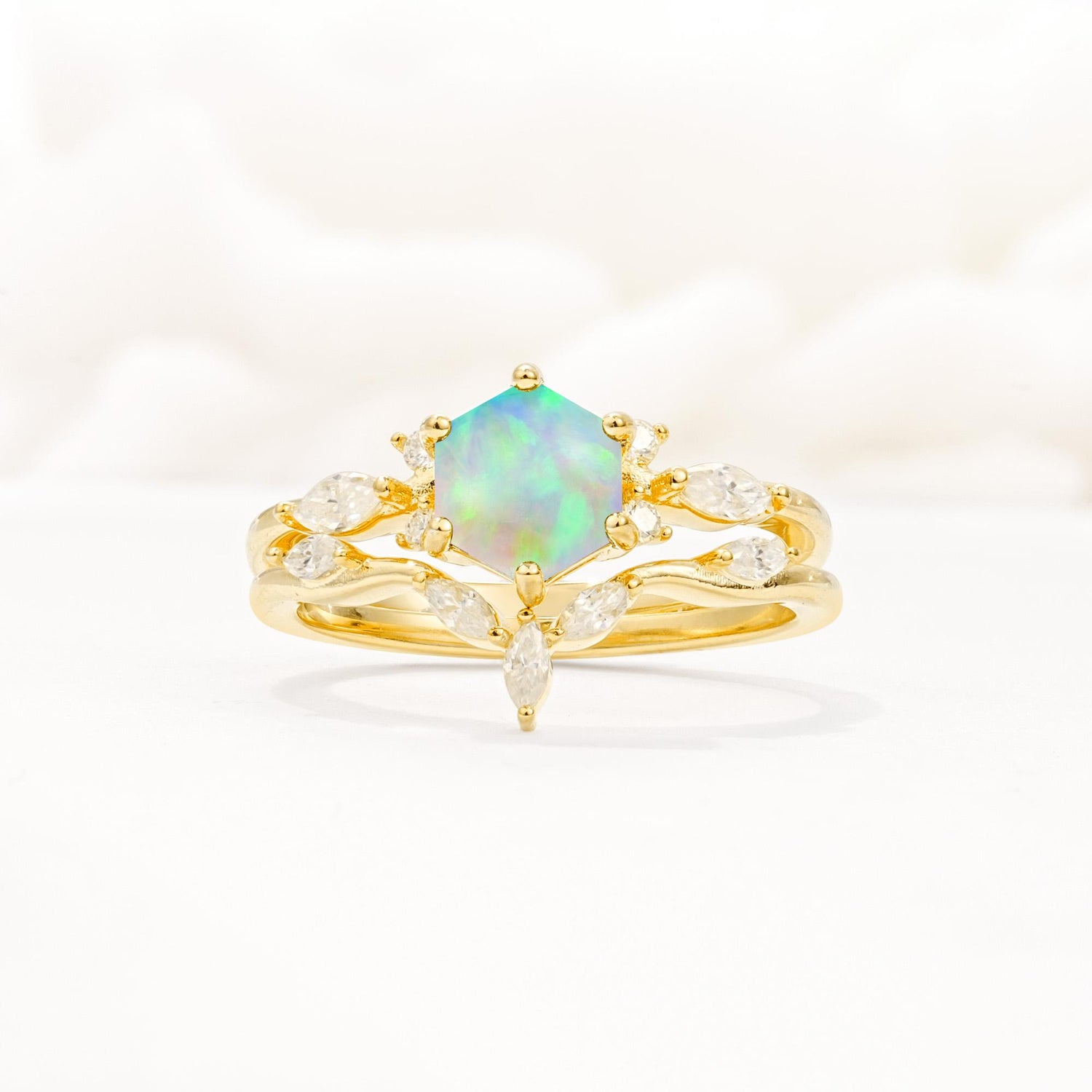 Nature-Inspired Hexagon Cut Fire Opal Engagement Ring Set - Yellow-Gold