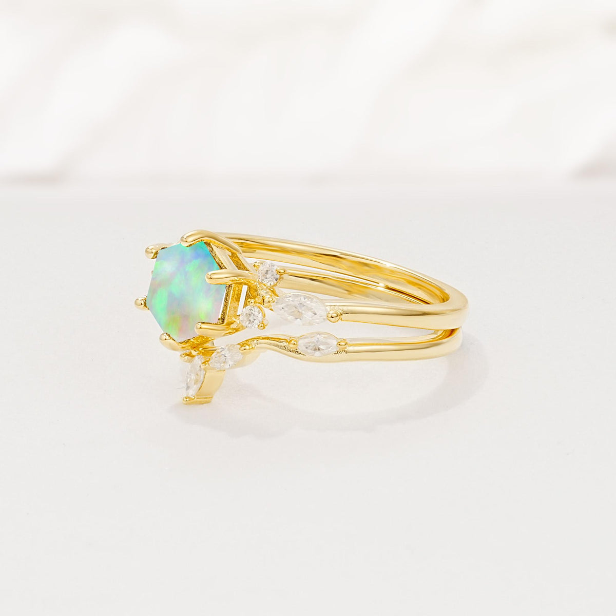 Nature-Inspired Hexagon Cut Fire Opal Engagement Ring Set - Rose-Gold