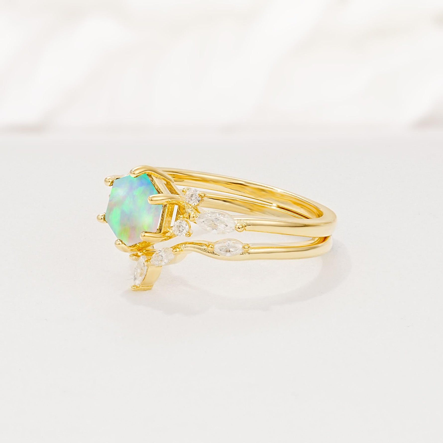 Nature-Inspired Hexagon Cut Fire Opal Engagement Ring Set - Rose-Gold