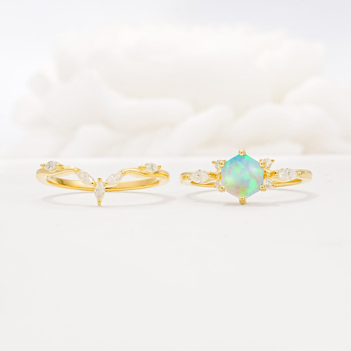 Nature-Inspired Hexagon Cut Fire Opal Engagement Ring Set - White-Gold