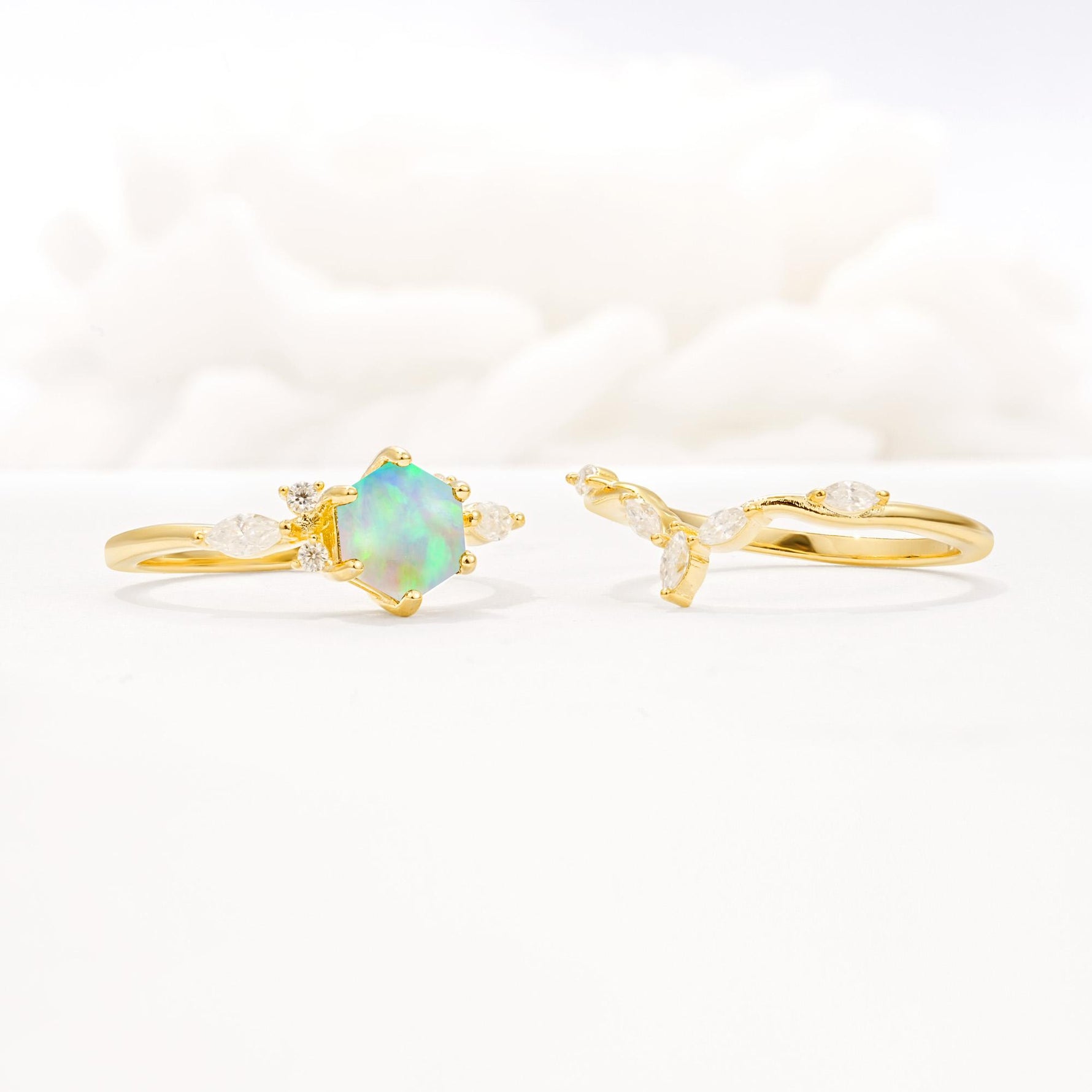 Nature-Inspired Hexagon Cut Fire Opal Engagement Ring Set - Additional view