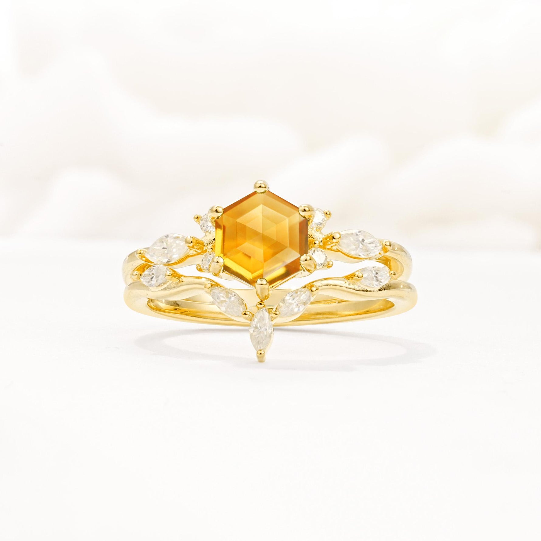 Nature-Inspired Hexagon Cut Citrine Engagement Ring Set - Yellow-Gold