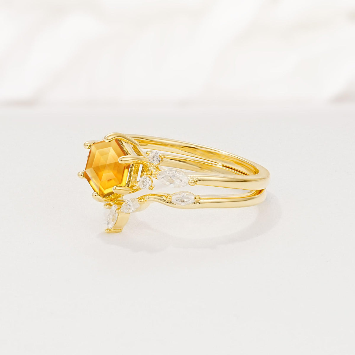 Nature-Inspired Hexagon Cut Citrine Engagement Ring Set - Rose-Gold