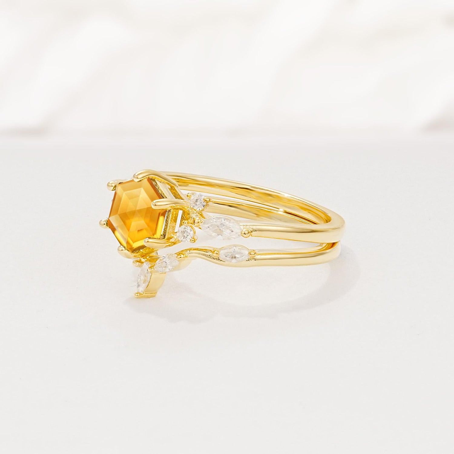 Nature-Inspired Hexagon Cut Citrine Engagement Ring Set - Rose-Gold