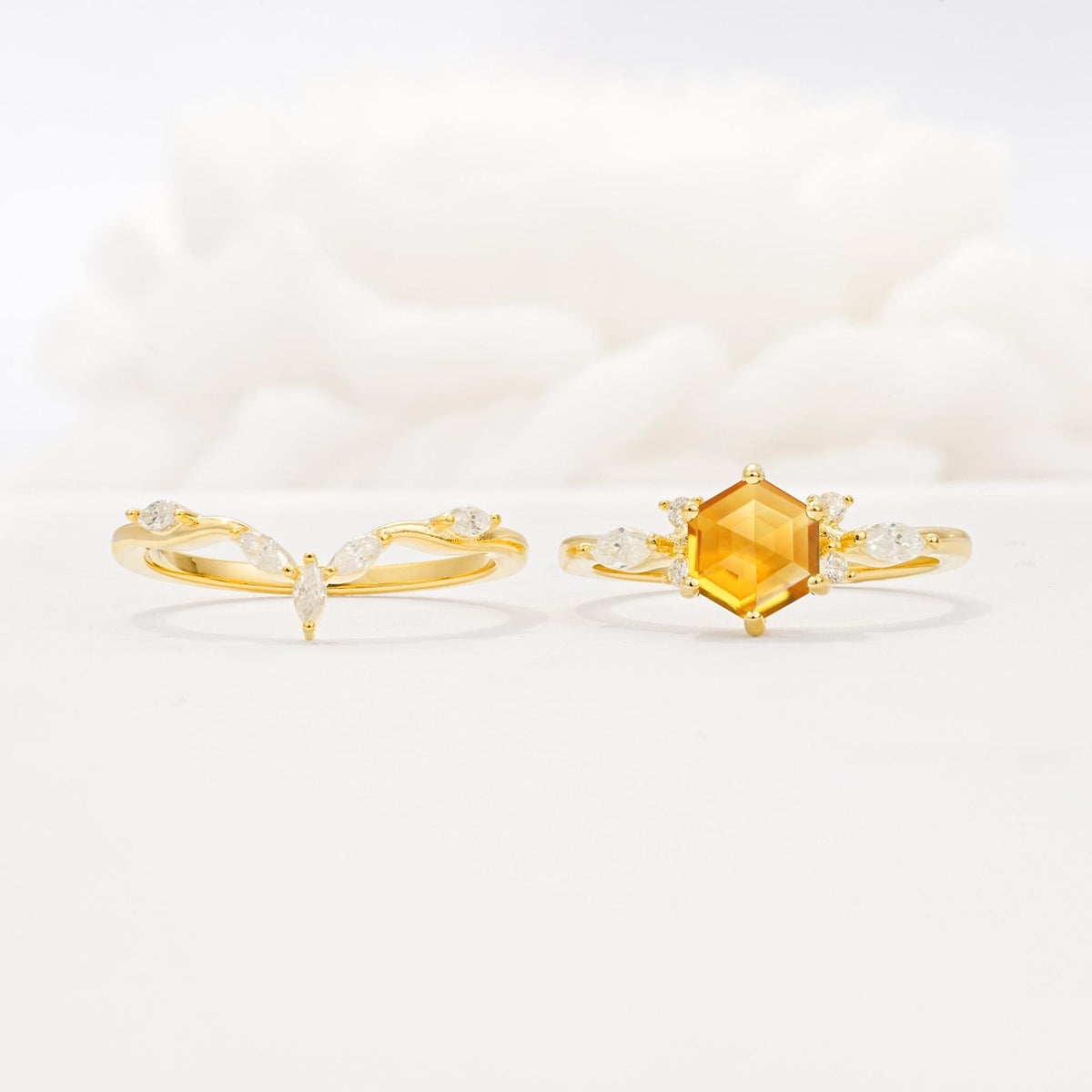 Nature-Inspired Hexagon Cut Citrine Engagement Ring Set - White-Gold