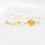 Nature-Inspired Hexagon Cut Citrine Engagement Ring Set - White-Gold