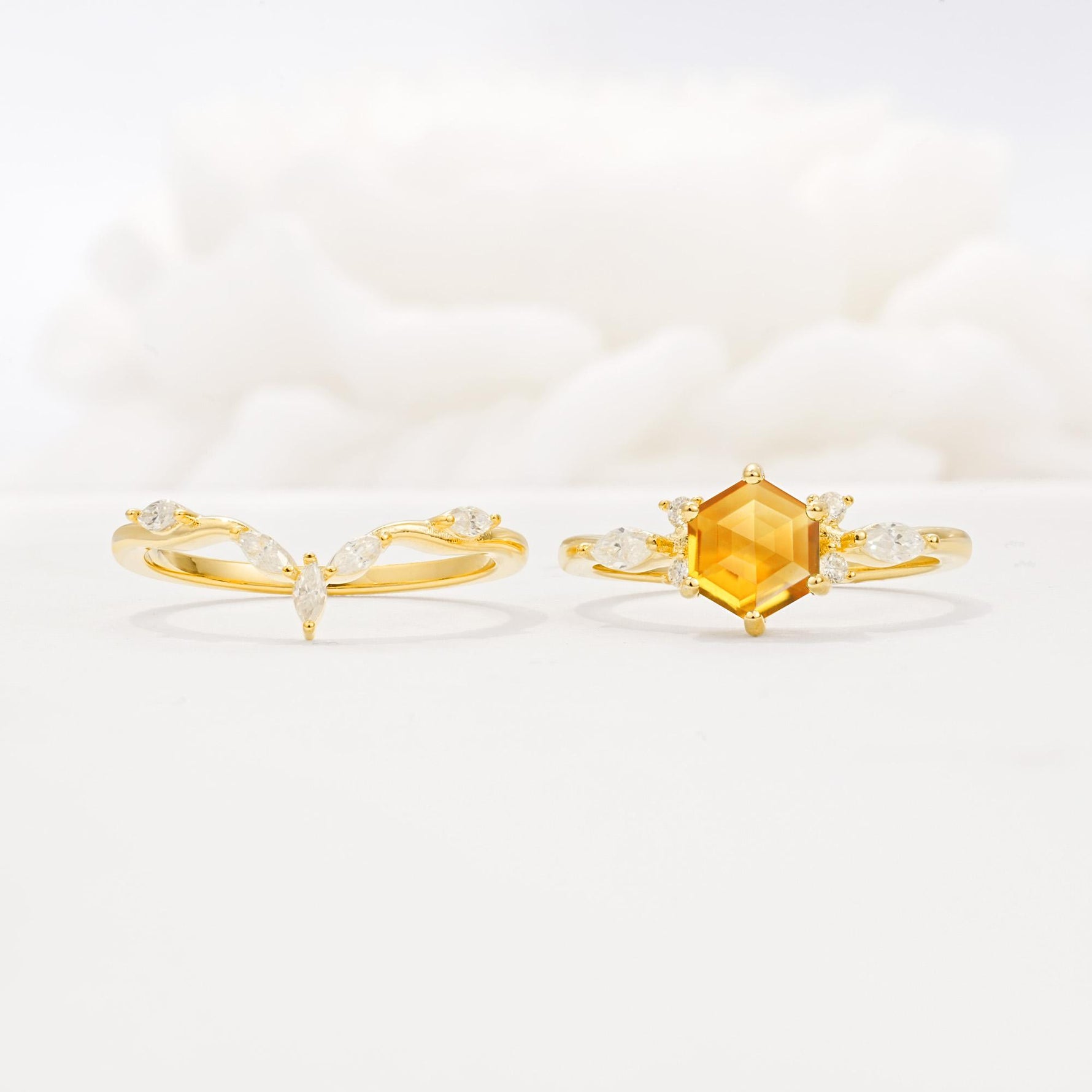 Nature-Inspired Hexagon Cut Citrine Engagement Ring Set - White-Gold