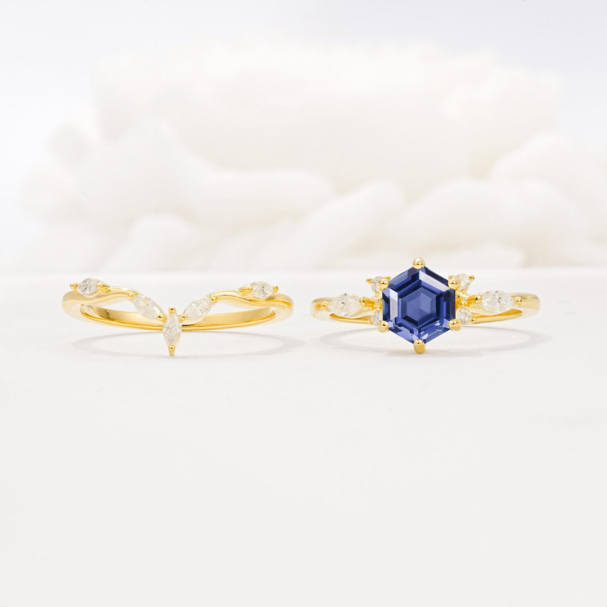Nature-Inspired Hexagon Cut Tanzanite Engagement Ring Set - White-Gold