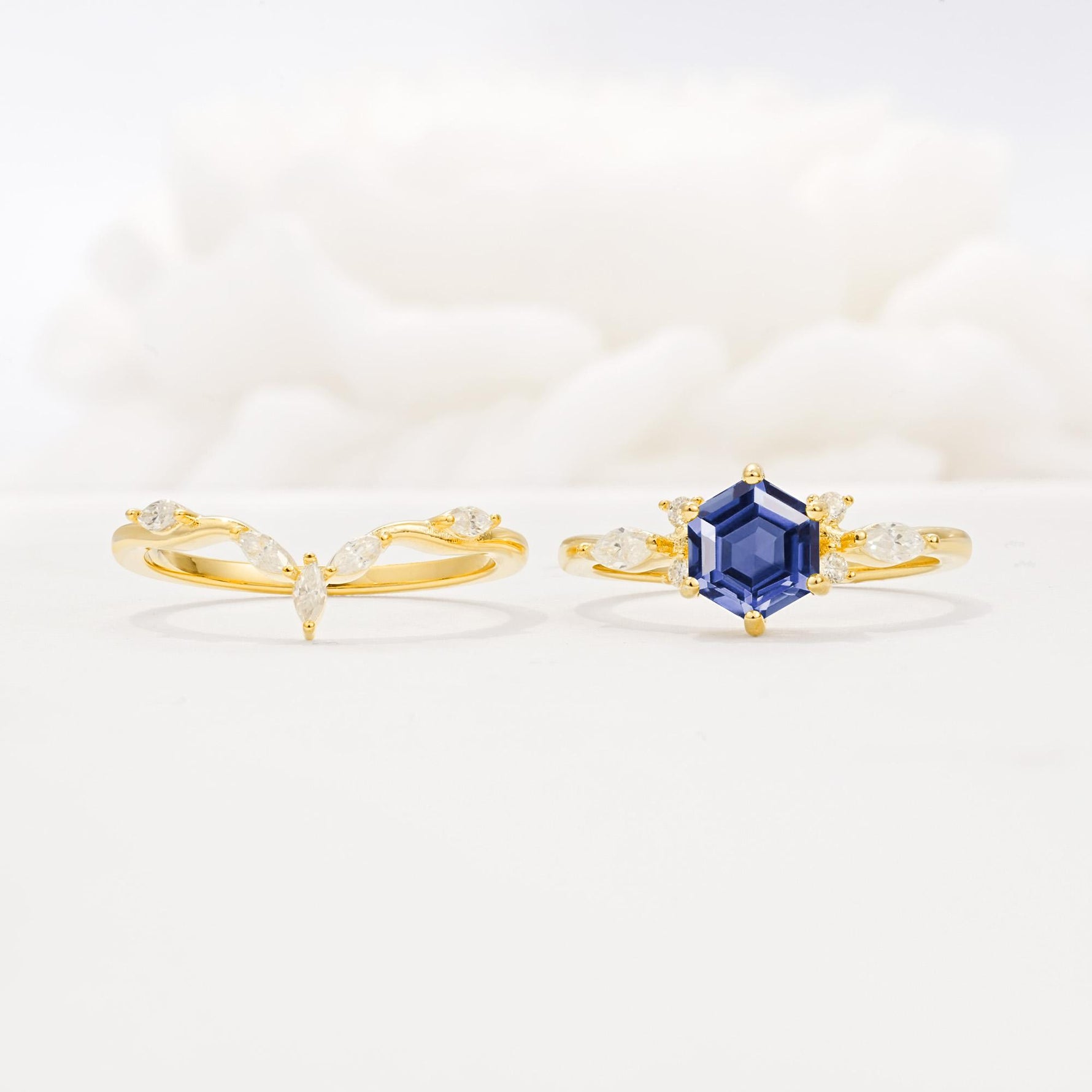 Nature-Inspired Hexagon Cut Tanzanite Engagement Ring Set - White-Gold