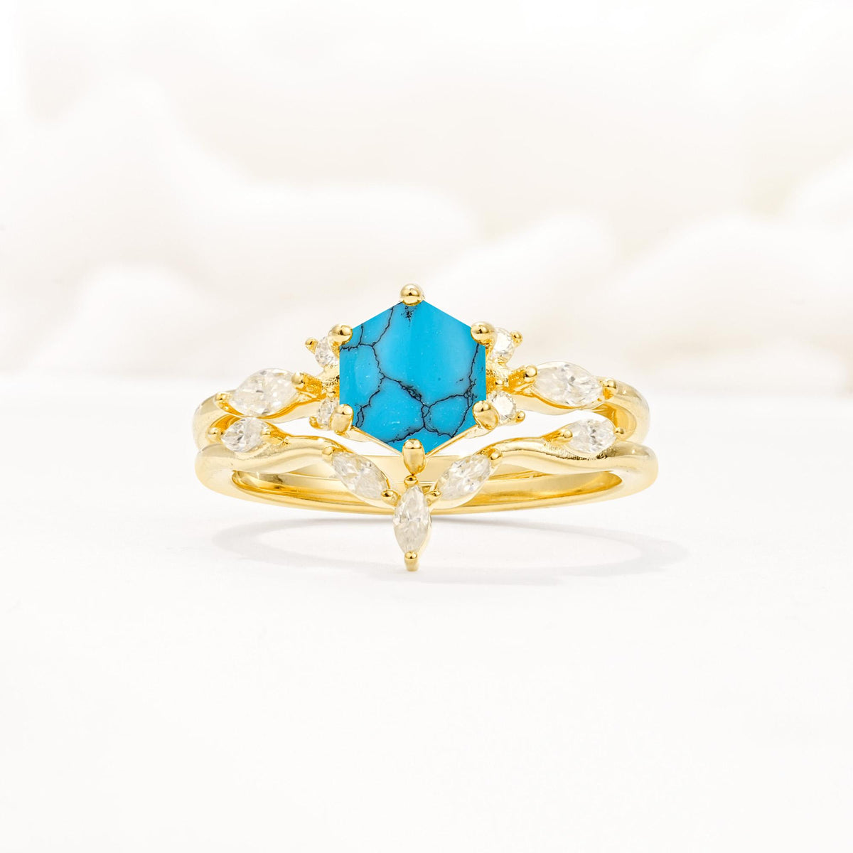 Nature-Inspired Hexagon Cut Turquoise Engagement Ring Set - Yellow-Gold