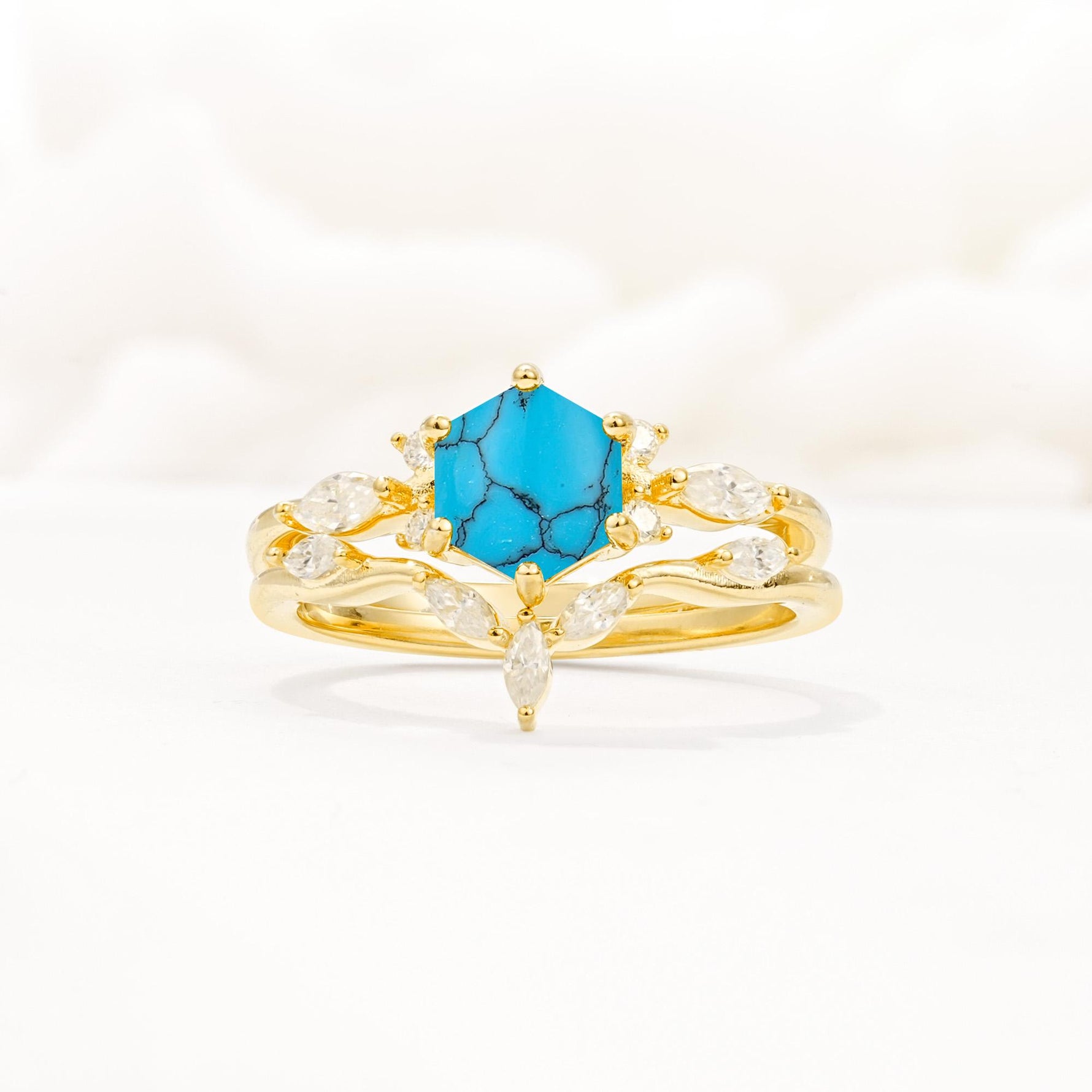 Nature-Inspired Hexagon Cut Turquoise Engagement Ring Set - Yellow-Gold