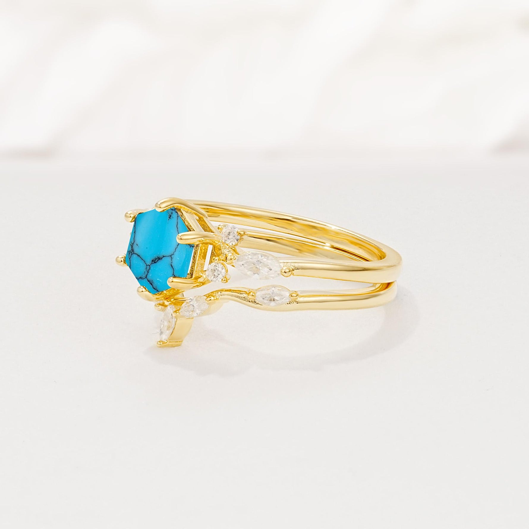 Nature-Inspired Hexagon Cut Turquoise Engagement Ring Set - Rose-Gold
