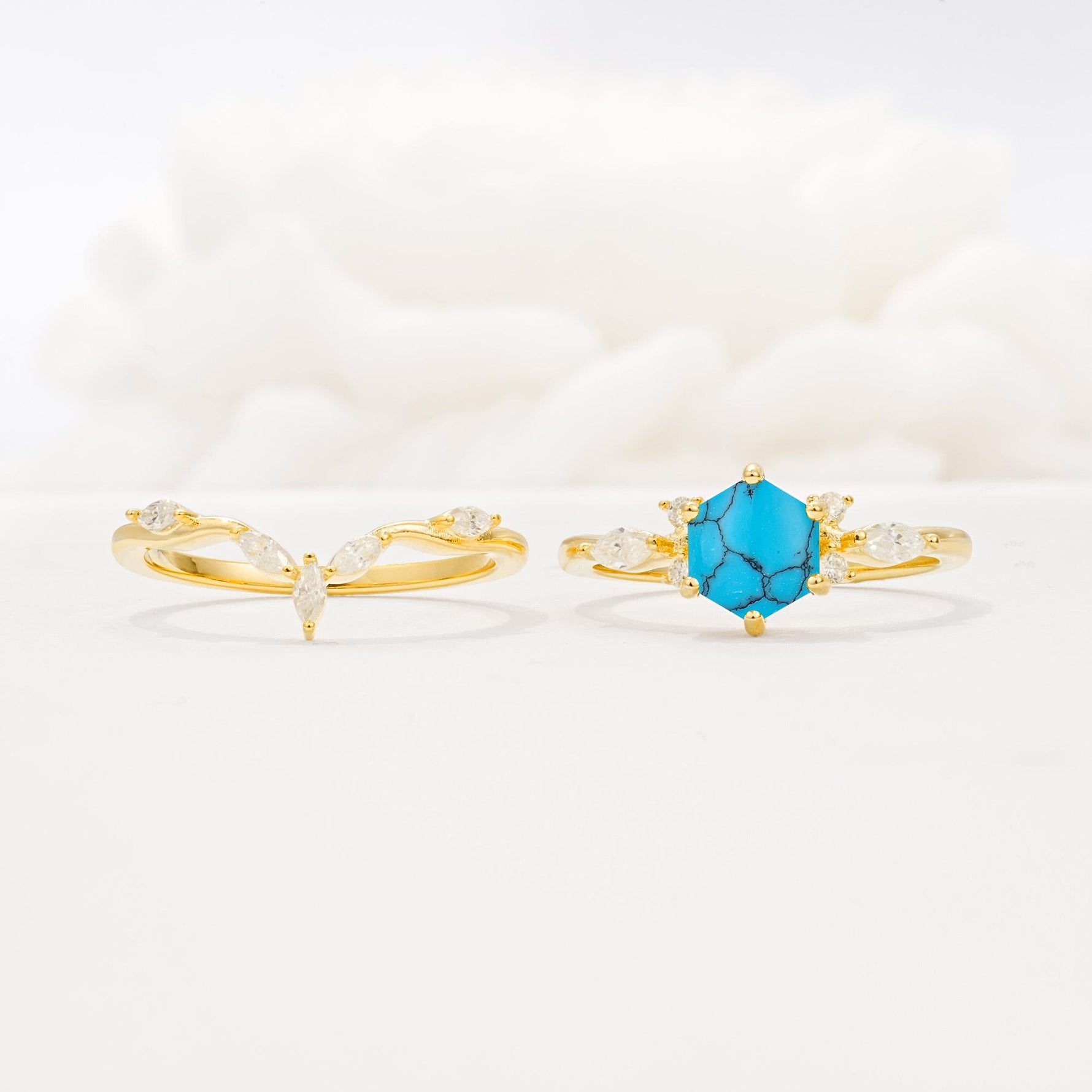 Nature-Inspired Hexagon Cut Turquoise Engagement Ring Set - White-Gold