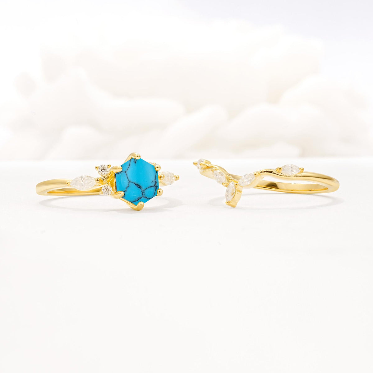 Nature-Inspired Hexagon Cut Turquoise Engagement Ring Set - Additional view