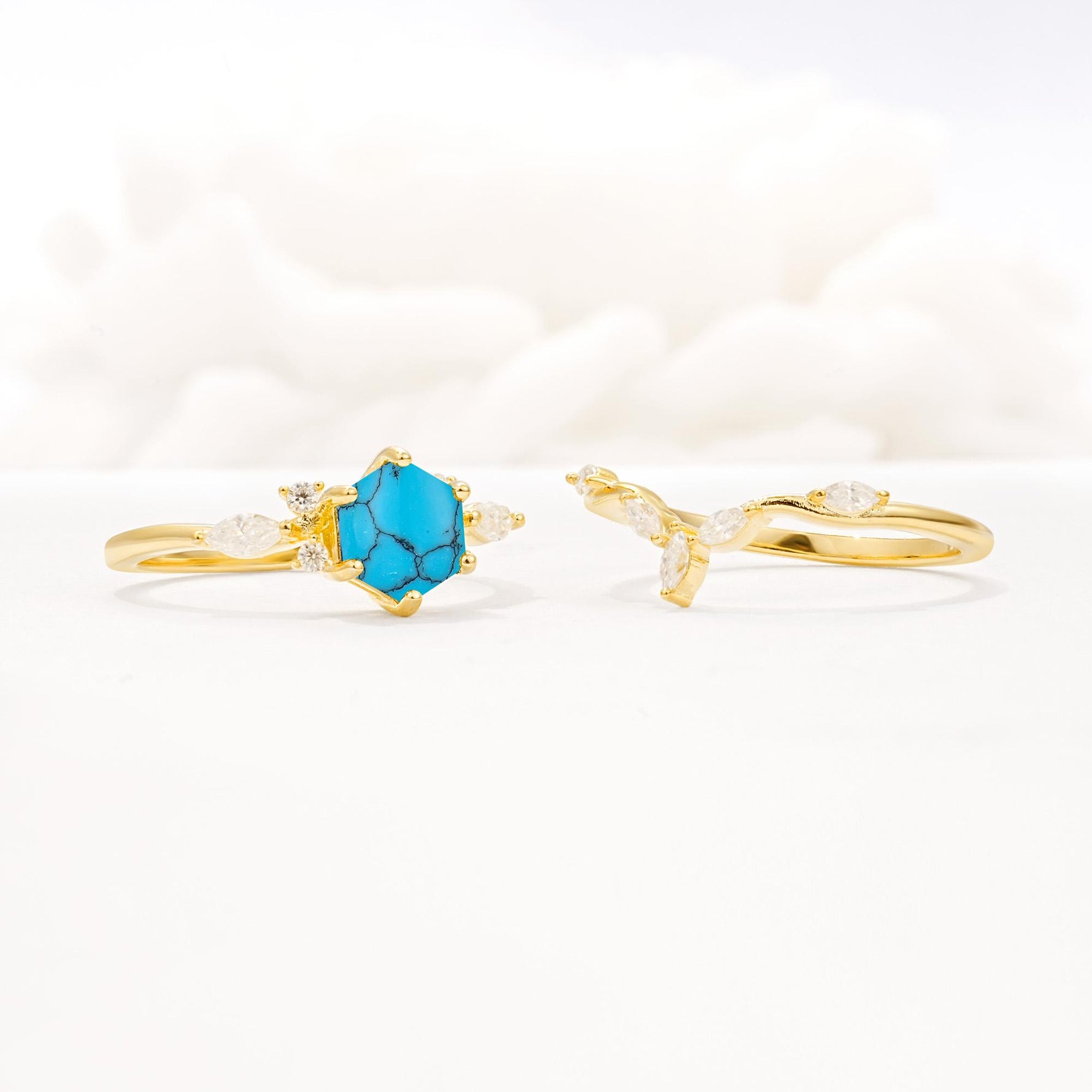Nature-Inspired Hexagon Cut Turquoise Engagement Ring Set - Additional view