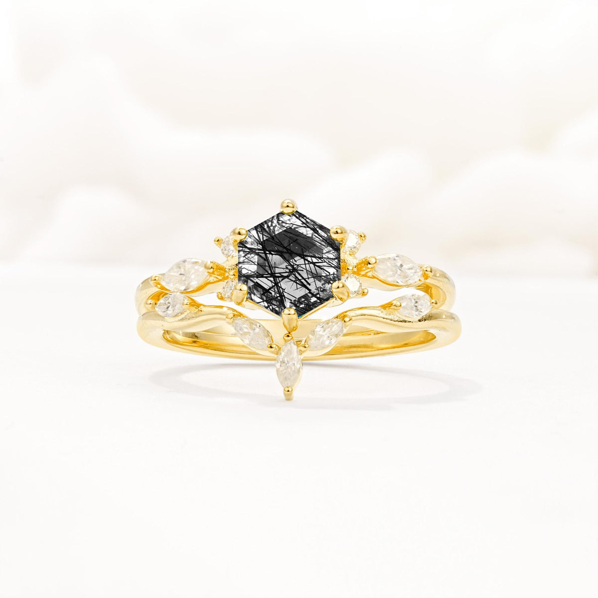 Nature-Inspired Hexagon Cut Black Rutilated Quartz Engagement Ring Set - Yellow-Gold