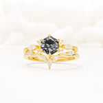 Nature-Inspired Hexagon Cut Black Rutilated Quartz Engagement Ring Set - Yellow-Gold