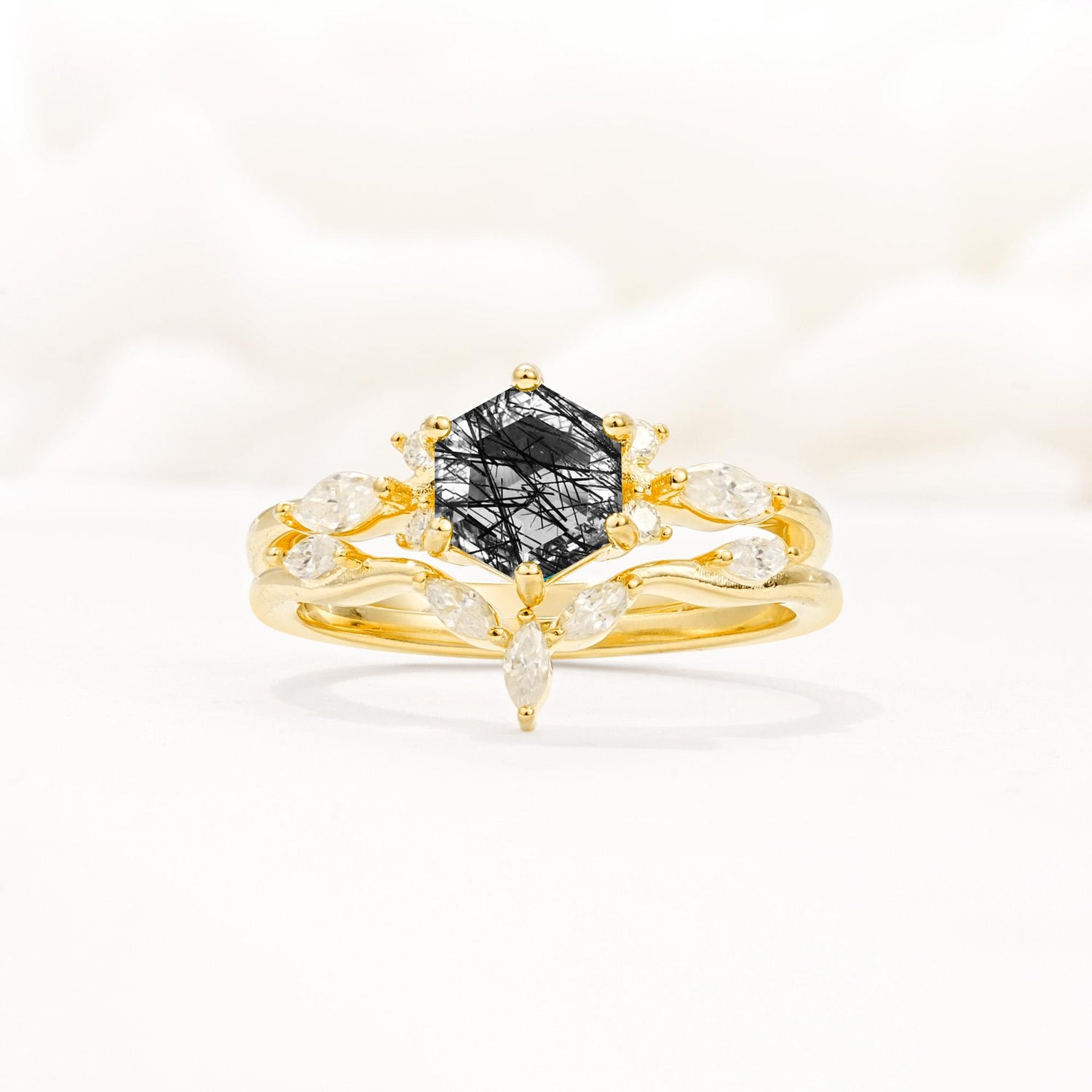 Nature-Inspired Hexagon Cut Black Rutilated Quartz Engagement Ring Set - Yellow-Gold