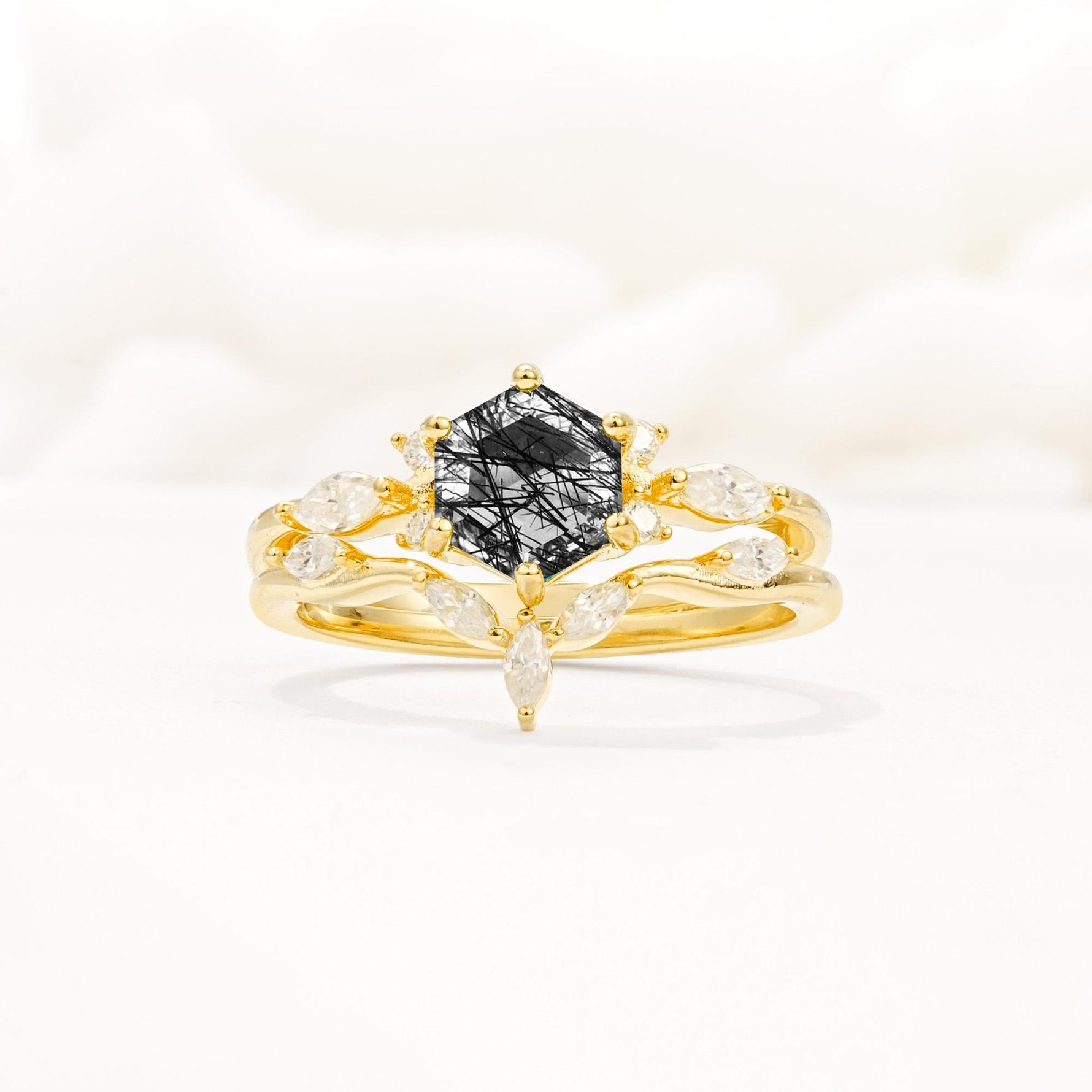 Nature-Inspired Hexagon Cut Black Rutilated Quartz Engagement Ring Set - Yellow-Gold