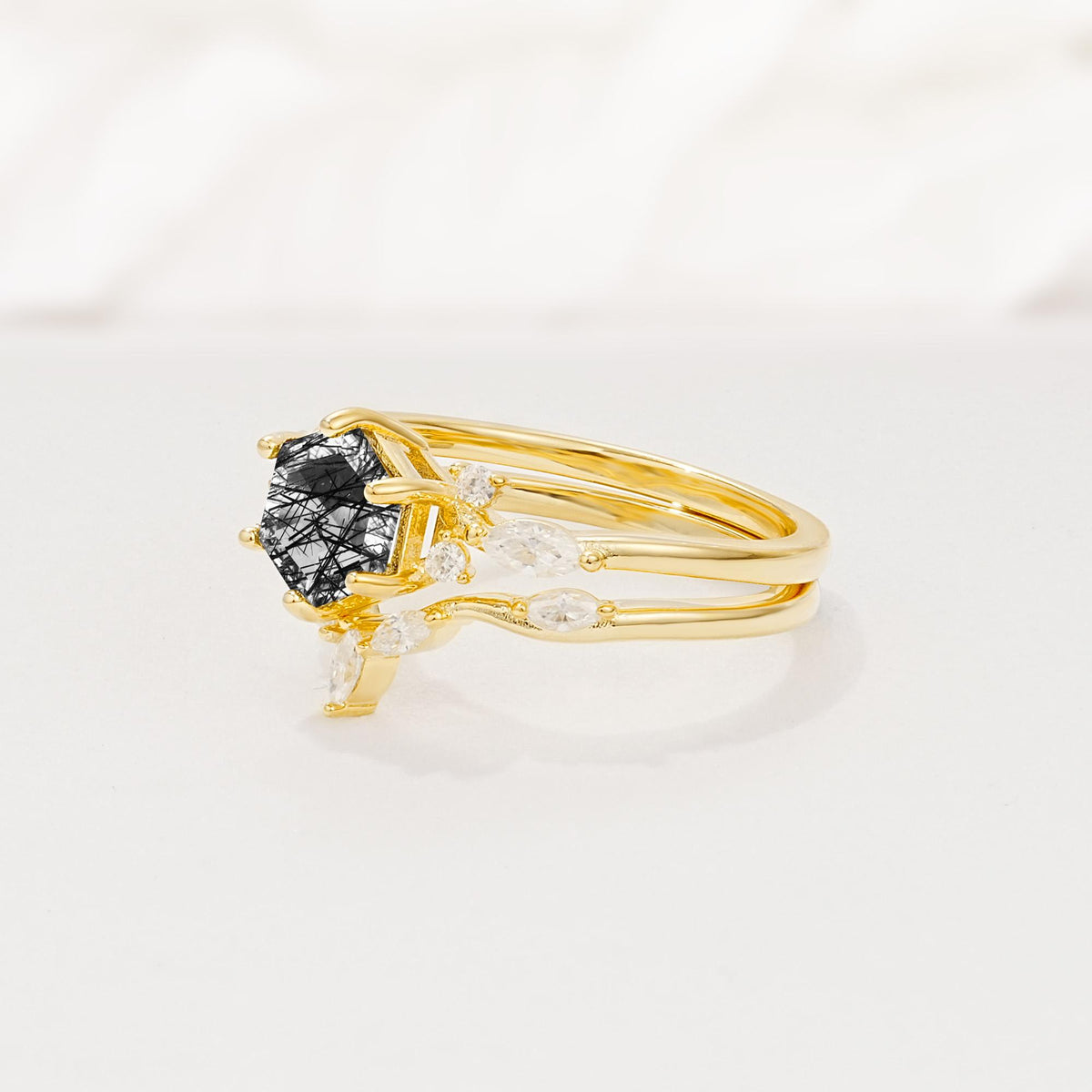 Nature-Inspired Hexagon Cut Black Rutilated Quartz Engagement Ring Set - Rose-Gold