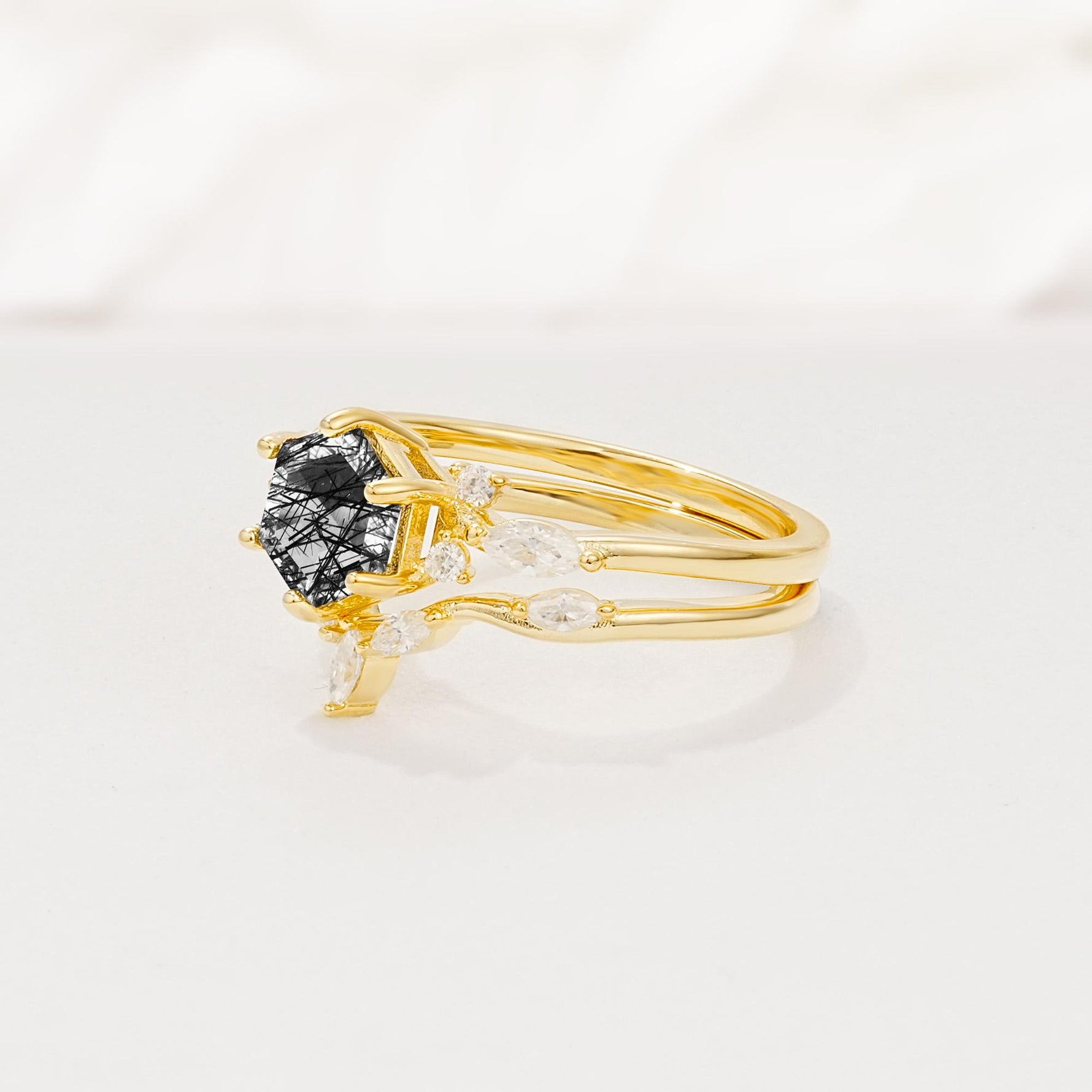 Nature-Inspired Hexagon Cut Black Rutilated Quartz Engagement Ring Set - Rose-Gold