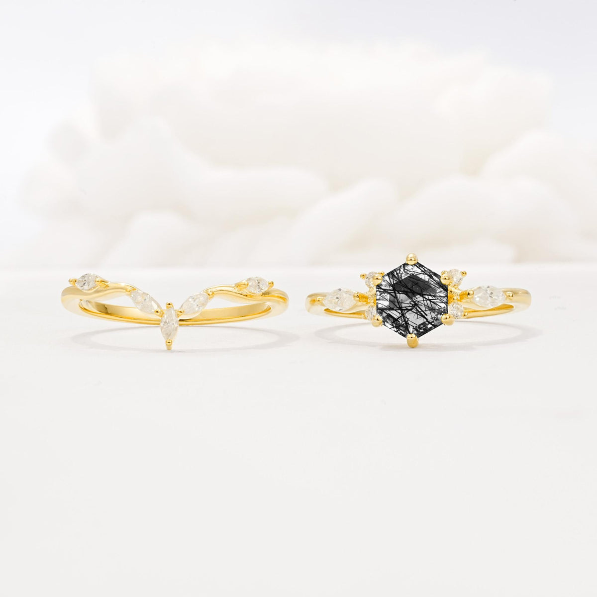 Nature-Inspired Hexagon Cut Black Rutilated Quartz Engagement Ring Set - White-Gold