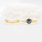 Nature-Inspired Hexagon Cut Black Rutilated Quartz Engagement Ring Set - White-Gold
