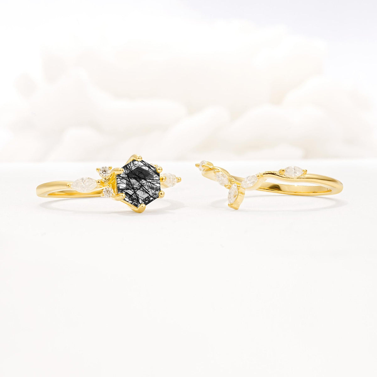Nature-Inspired Hexagon Cut Black Rutilated Quartz Engagement Ring Set - Additional view