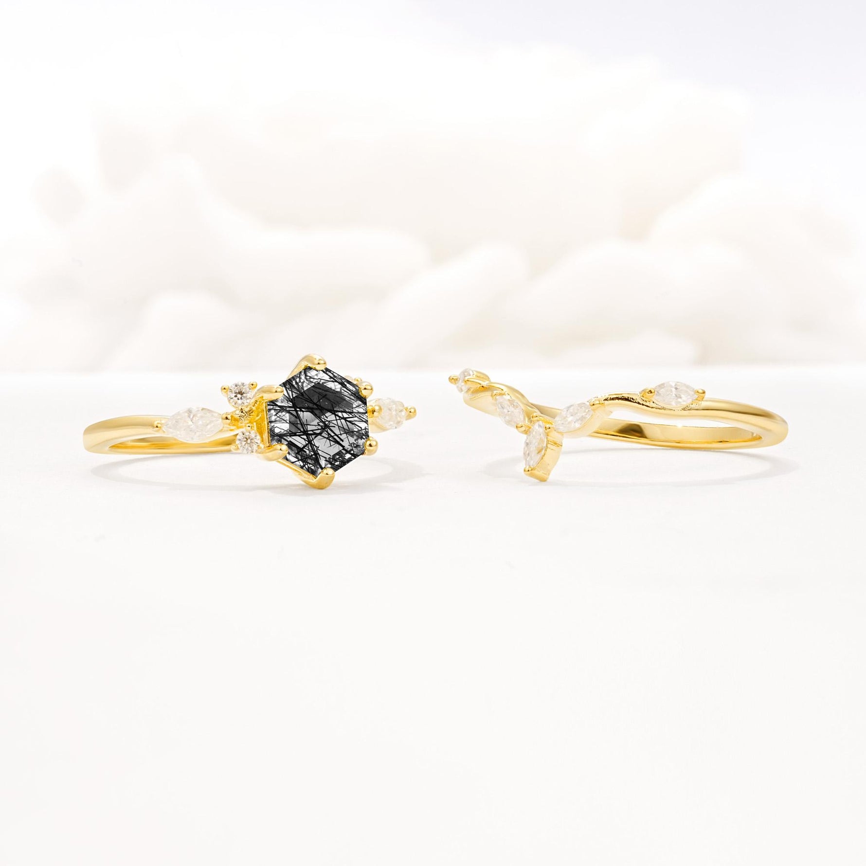 Nature-Inspired Hexagon Cut Black Rutilated Quartz Engagement Ring Set - Additional view